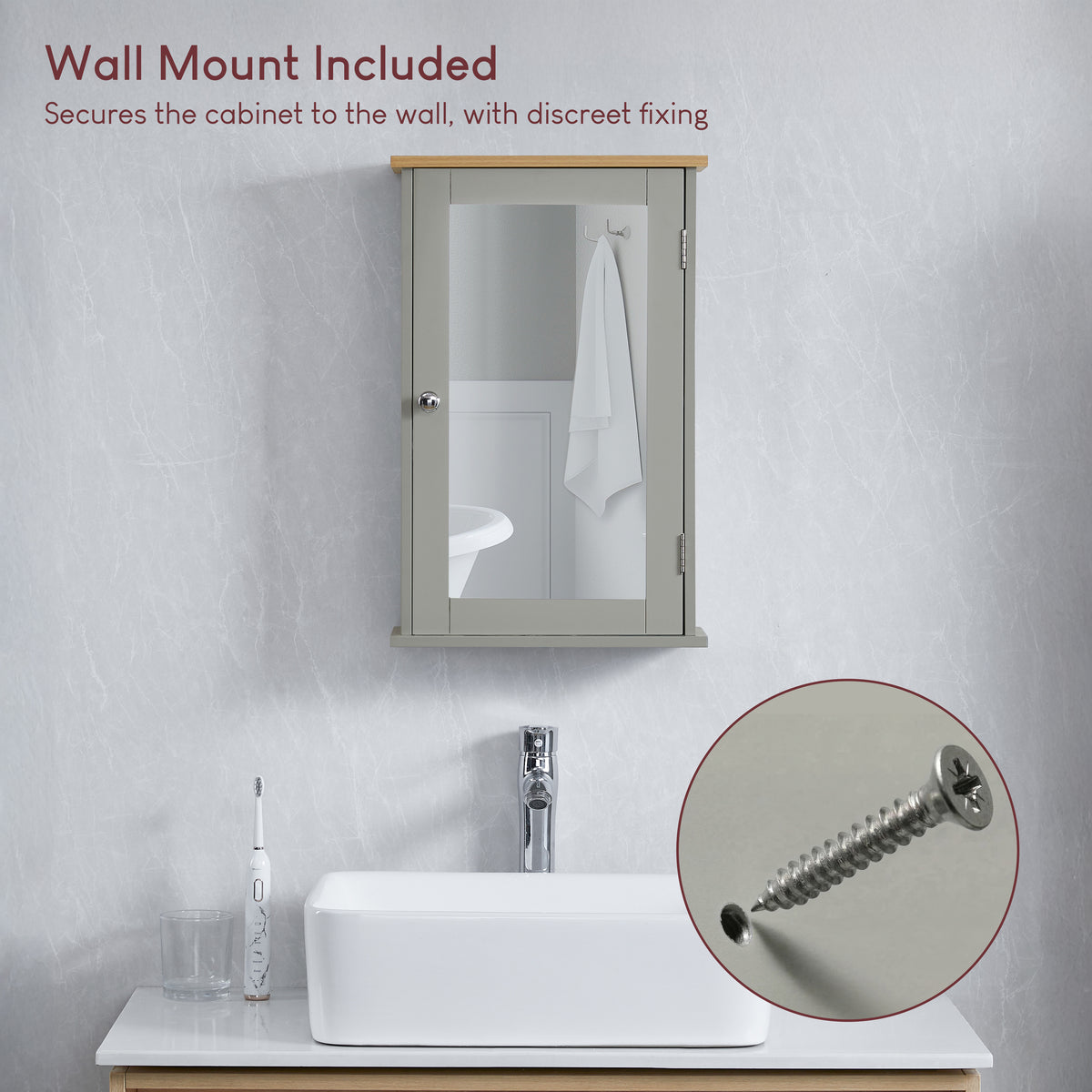 Priano 1-Door Mirrored Wall Cabinet, Grey & Oak