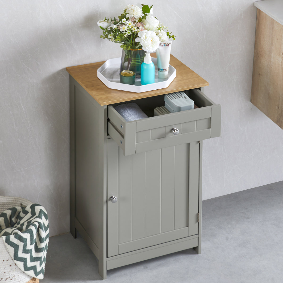 Priano 1-Door 1-Drawer Freestanding Cabinet, Grey & Oak