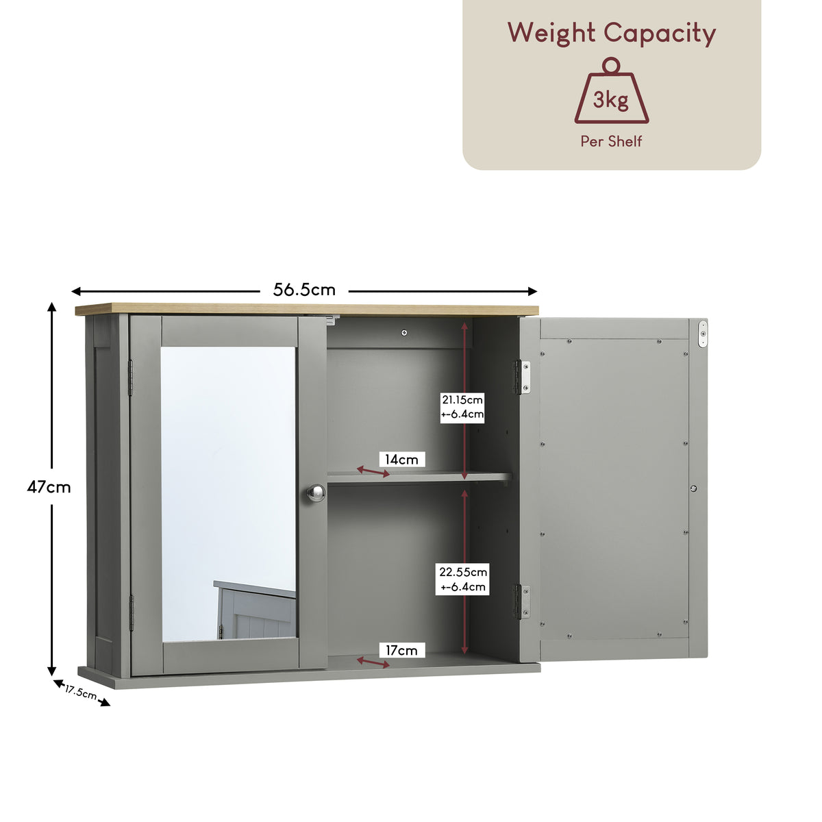 Priano 2-Door Mirrored Wall Cabinet - Grey & Oak