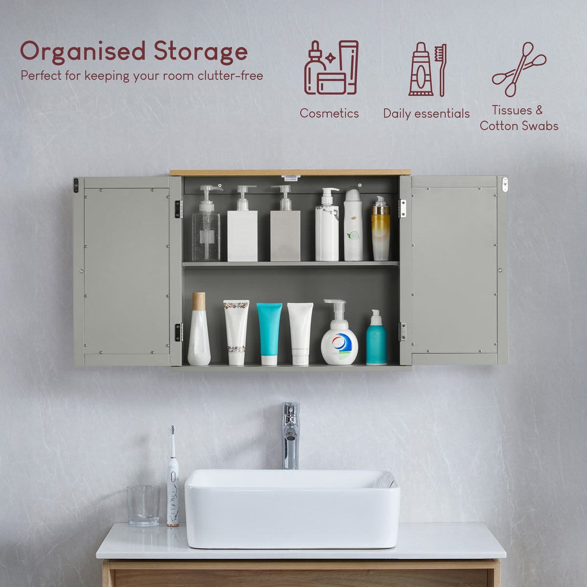 Priano 2-Door Mirrored Wall Cabinet - Grey & Oak