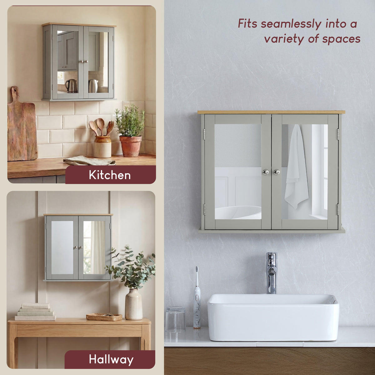 Priano 2-Door Mirrored Wall Cabinet - Grey & Oak