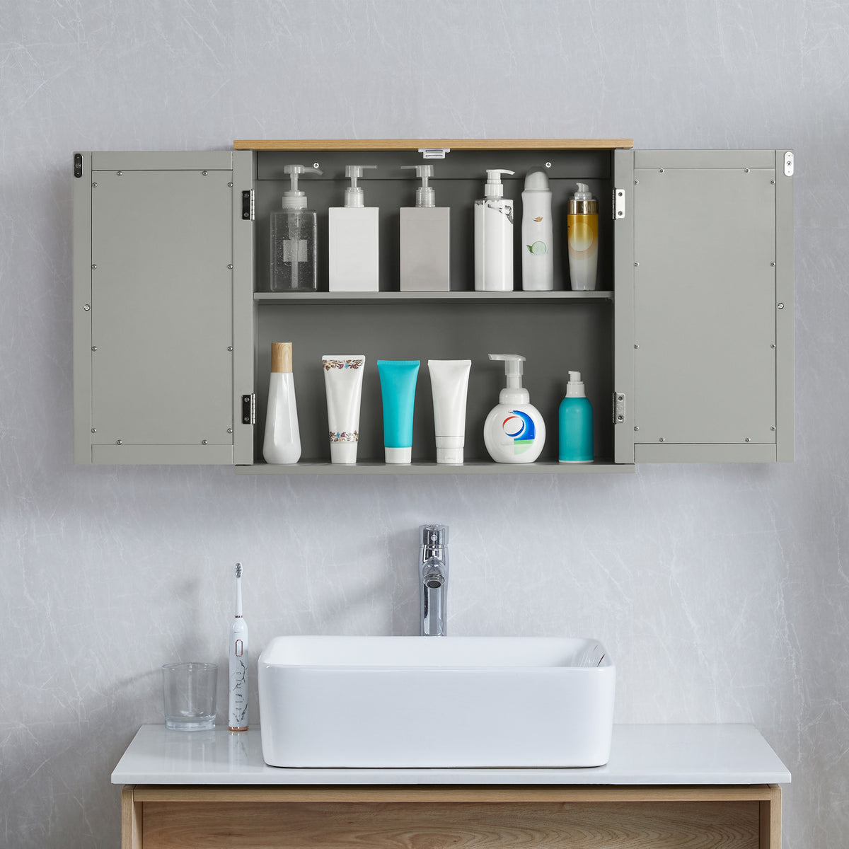 Priano 2-Door Mirrored Wall Cabinet - Grey & Oak