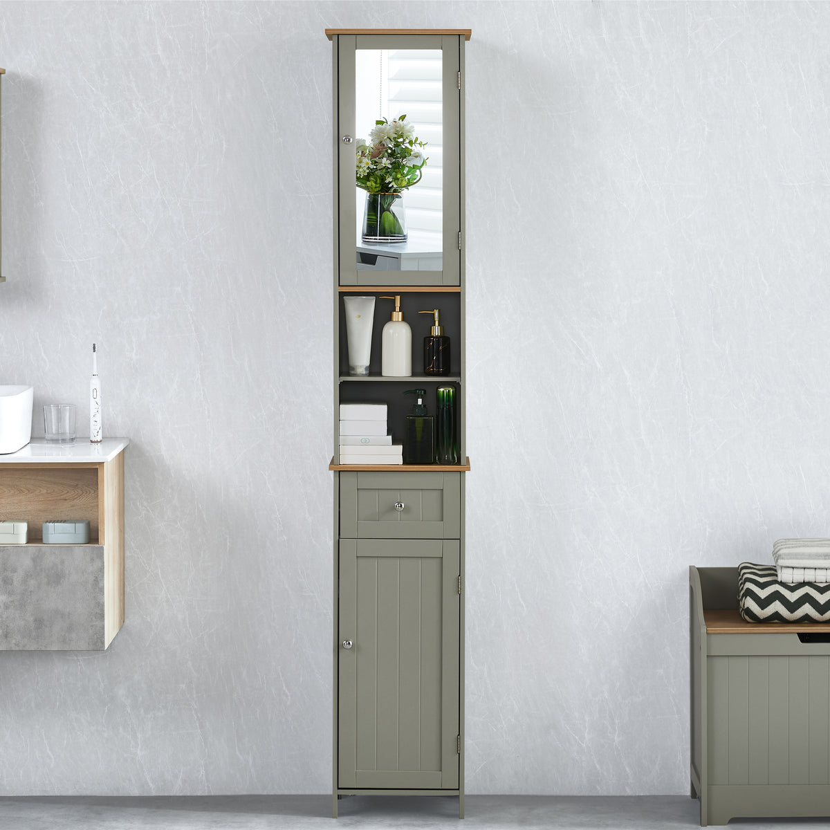 Priano 2-Door 1-Drawer Tall Cabinet With Mirror - Grey