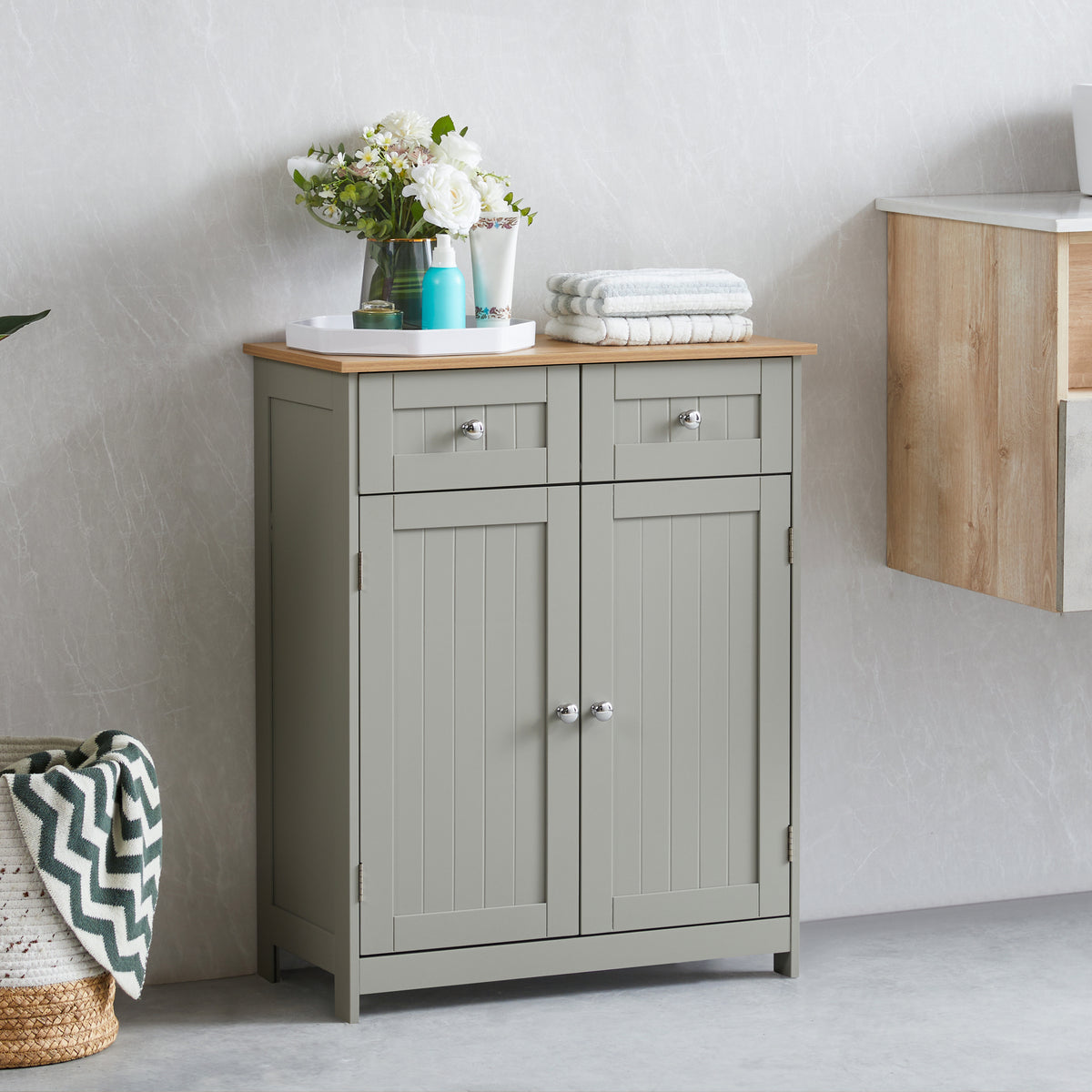 Priano 2-Drawer 2-Door Freestanding Cabinet - Grey & Oak