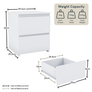 Denver 2 Drawer Bedside Table, White