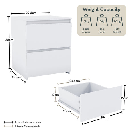 Denver 2 Drawer Bedside Table, White