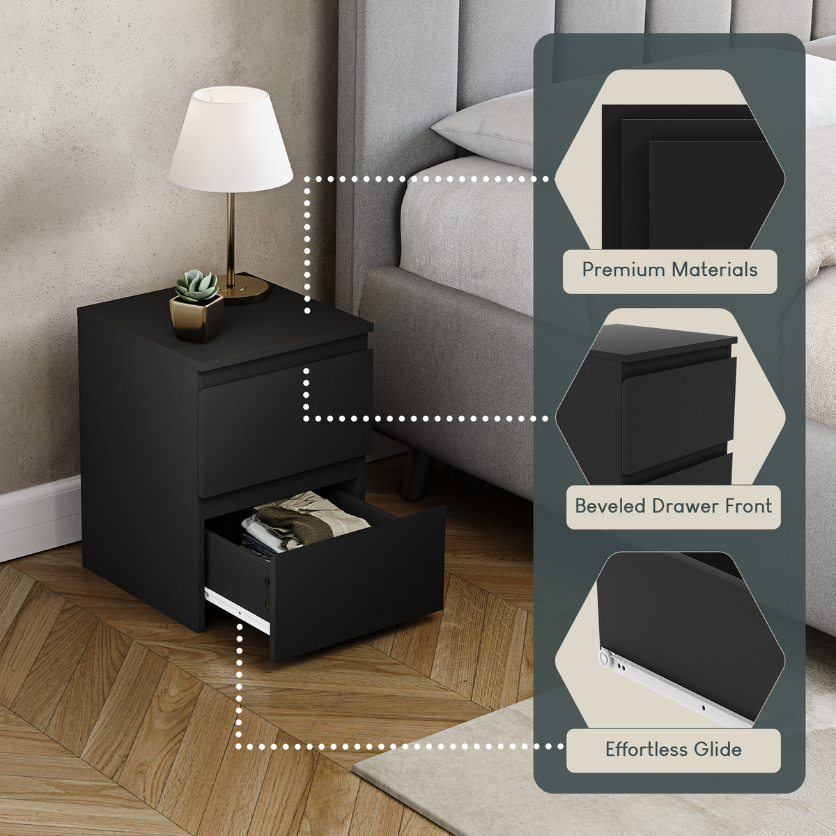 Denver 2 Drawer Bedside Table, Black