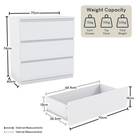Denver Chest of 3 Drawers, White