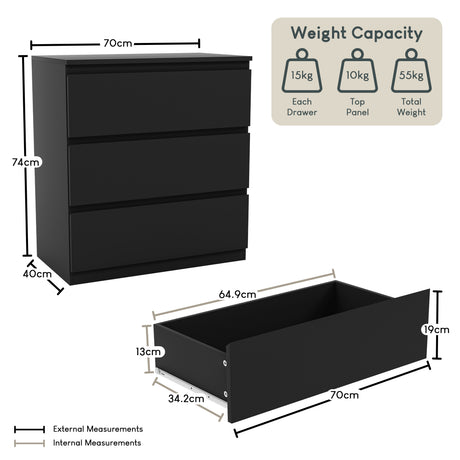 Denver Chest of 3 Drawers, Black