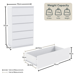 Denver Chest of 5 Drawer, White
