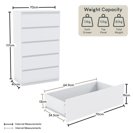 Denver Chest of 5 Drawer, White