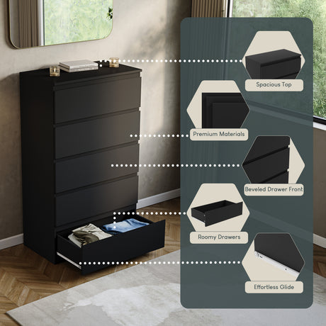 Denver Chest of 5 Drawer, Black