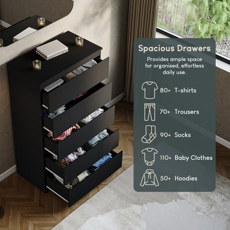 Denver Chest of 5 Drawer, Black