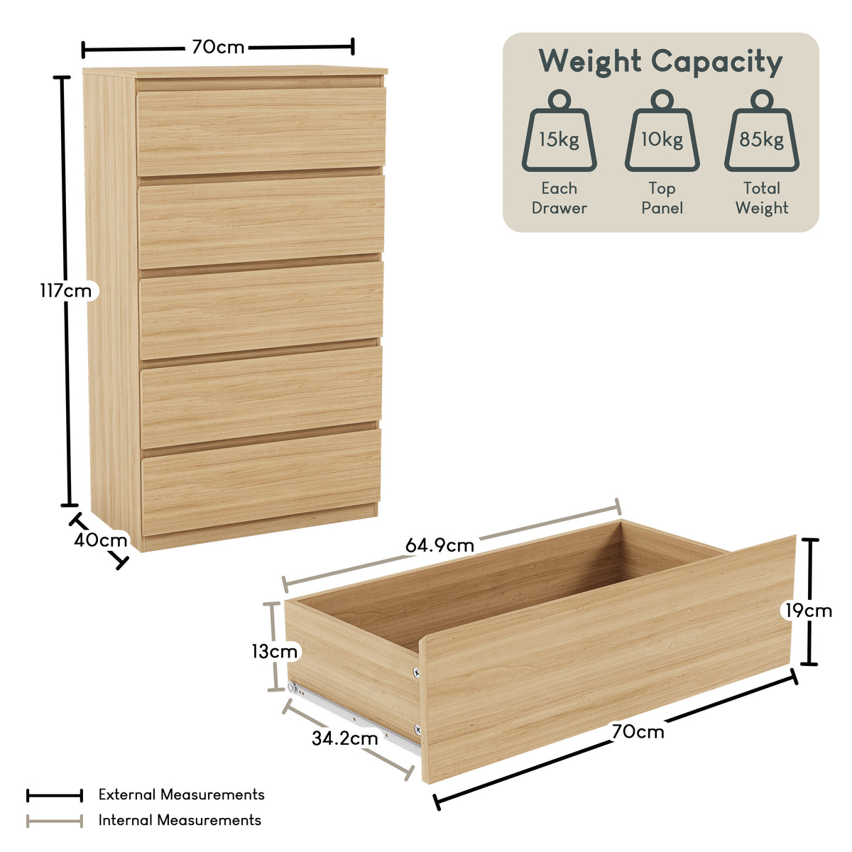 Denver Chest of 5 Drawers, Pine
