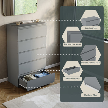 Denver Chest of 5 Drawers, Grey