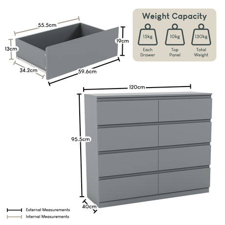 Denver Chest of 8 Drawers, Grey