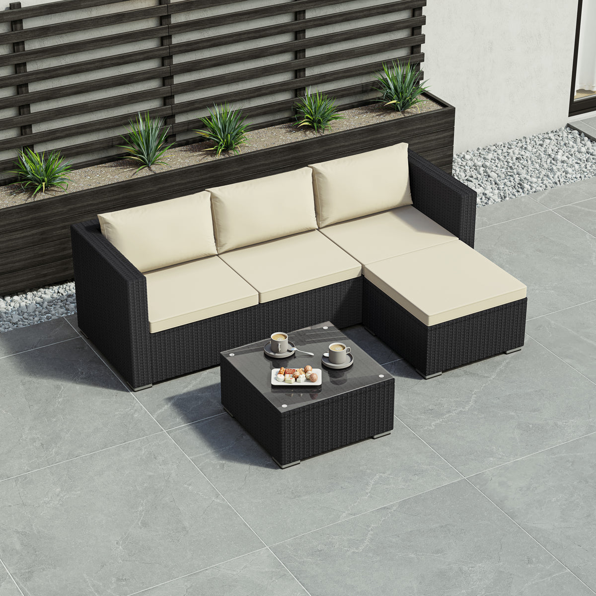 Hampton 4 Seater Corner Rattan Set, Black & Outdoor Patio Furniture Cover