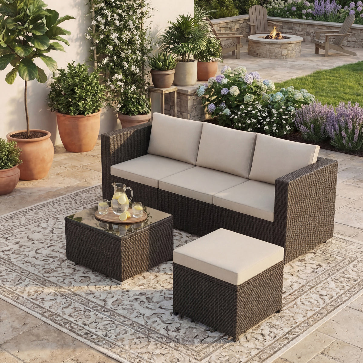 Hampton 4 Seater Corner Rattan Set, Brown & Outdoor Patio Furniture Cover