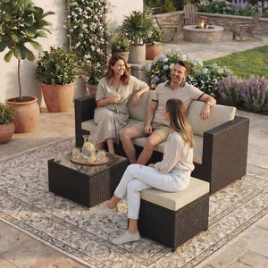 Hampton 4 Seater Corner Rattan Set, Brown & Outdoor Patio Furniture Cover