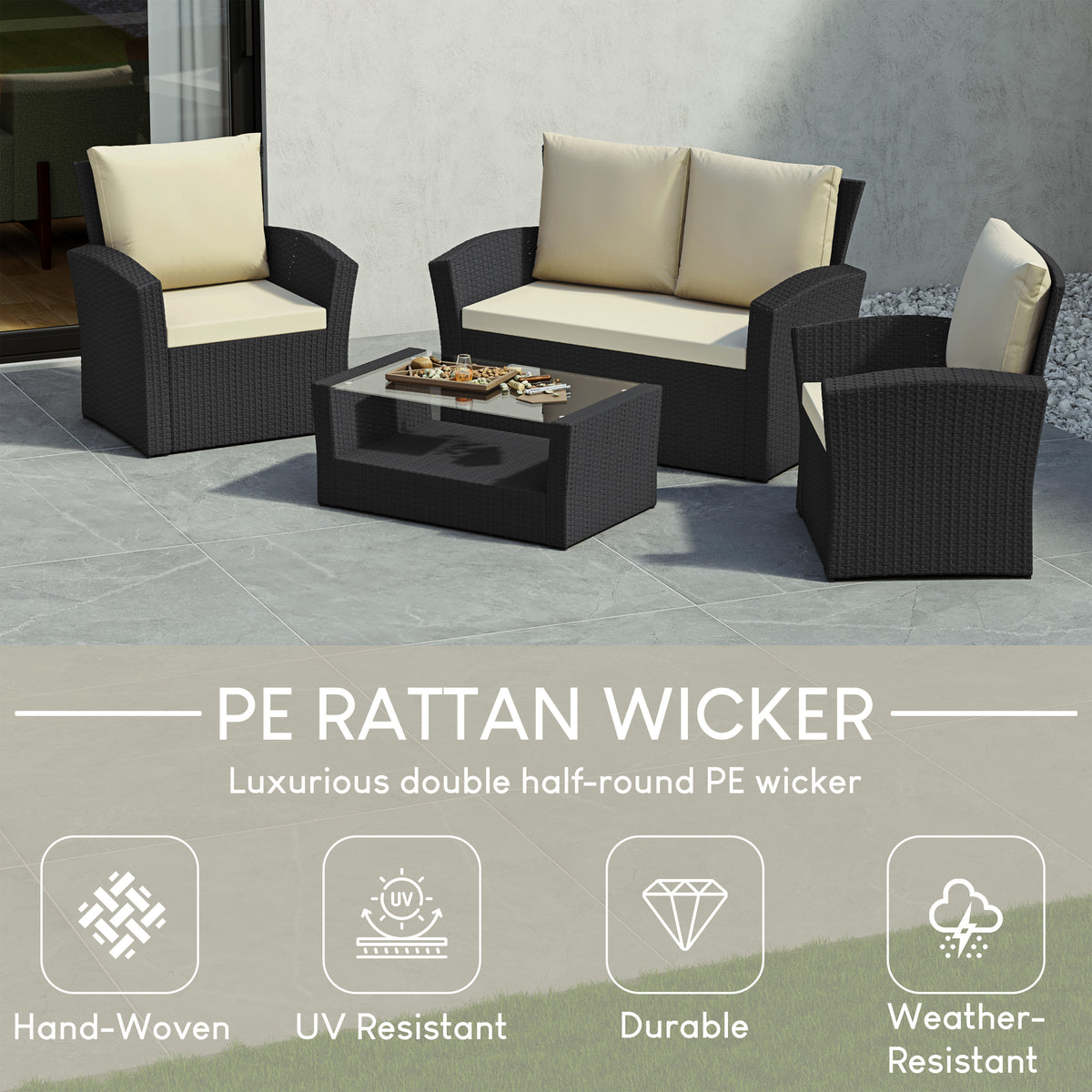 Mylor 4-Seater Rattan Set, Black UKFR
