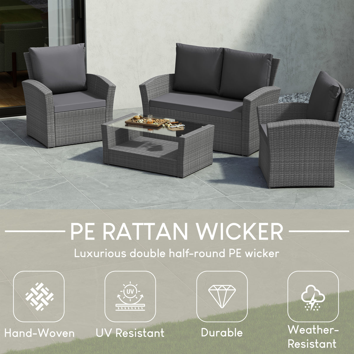 Mylor 4-Seater Rattan Set, Grey UKFR