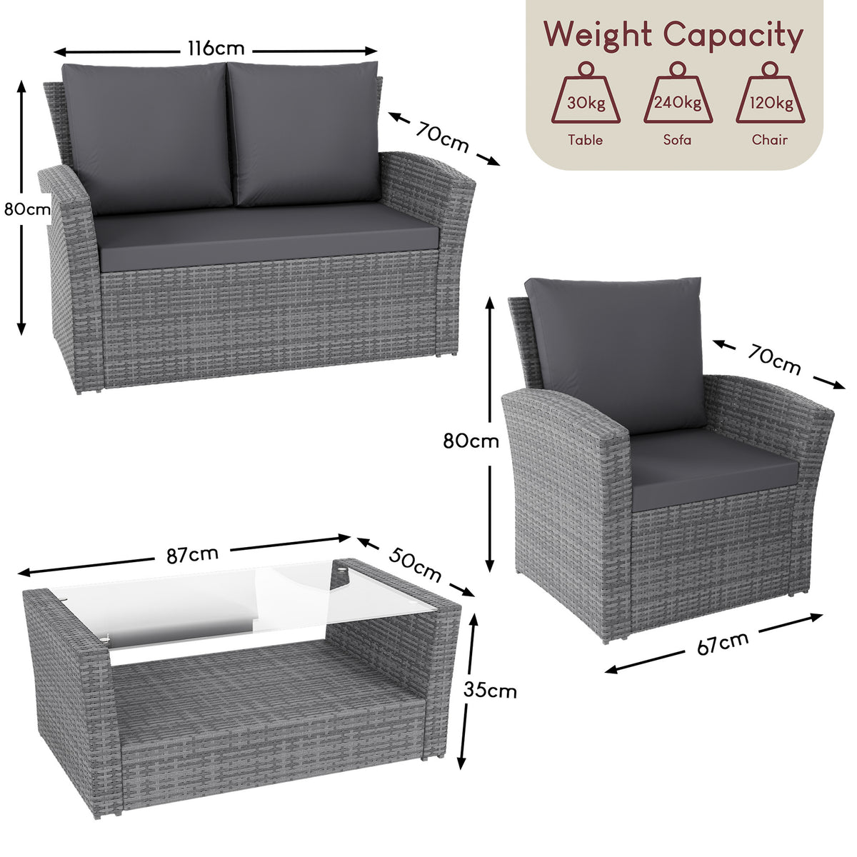 Mylor 4-Seater Rattan Set, Grey UKFR
