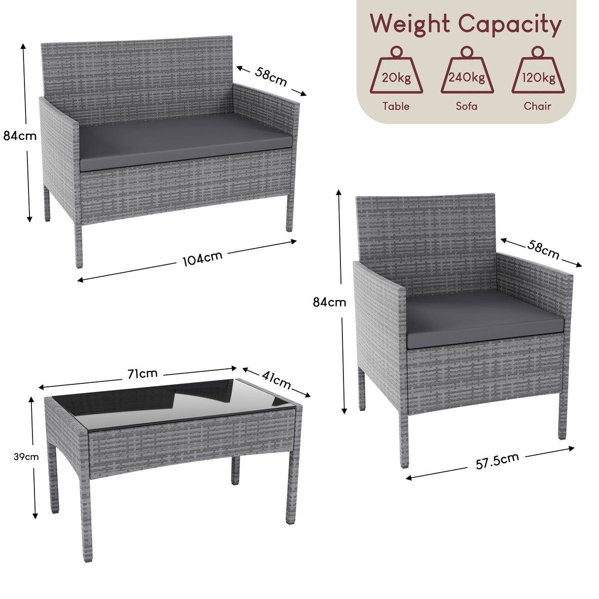 Kendal 4-Piece Rattan Set, Grey UKFR