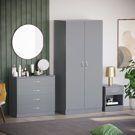 Riano Grey Bedroom Furniture Set with 1 Drawer Bedside, 4 Drawer Chest and 2 Door Wardrobe
