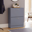 Two-drawer shoe cabinet in grey, with two pull-out drawers.
