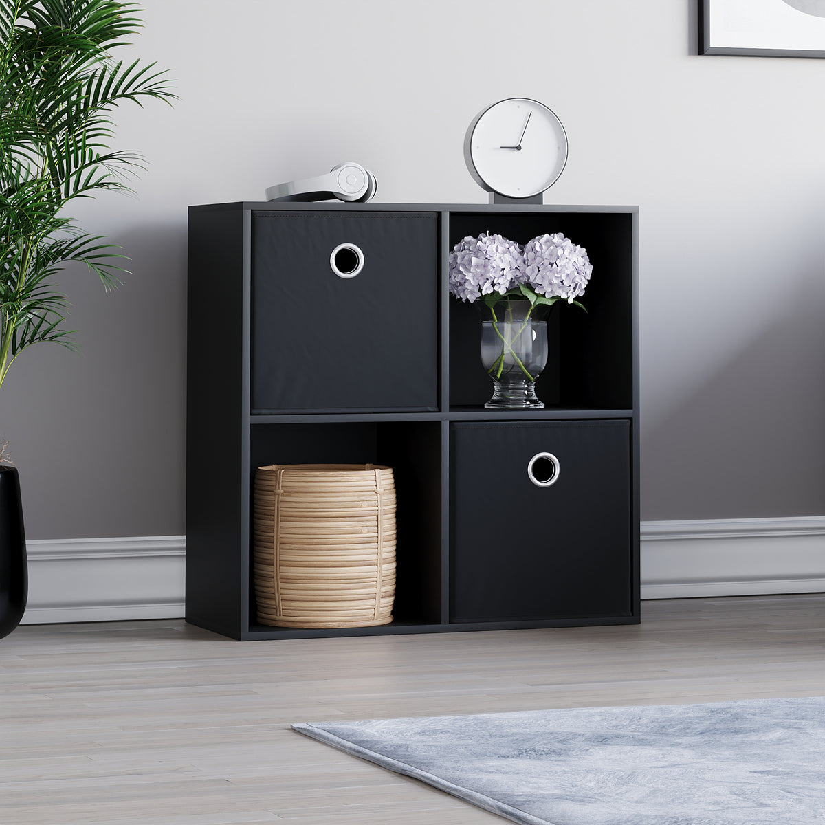 Durham 2x2 Cube Storage Unit, Black & Cube Storage Basket, Set of 2, Black