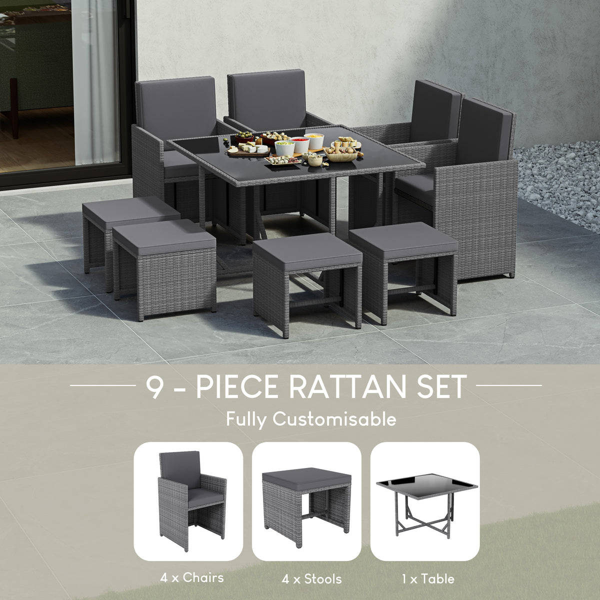 Cuba 8-Seater Rattan Set, Grey UKFR