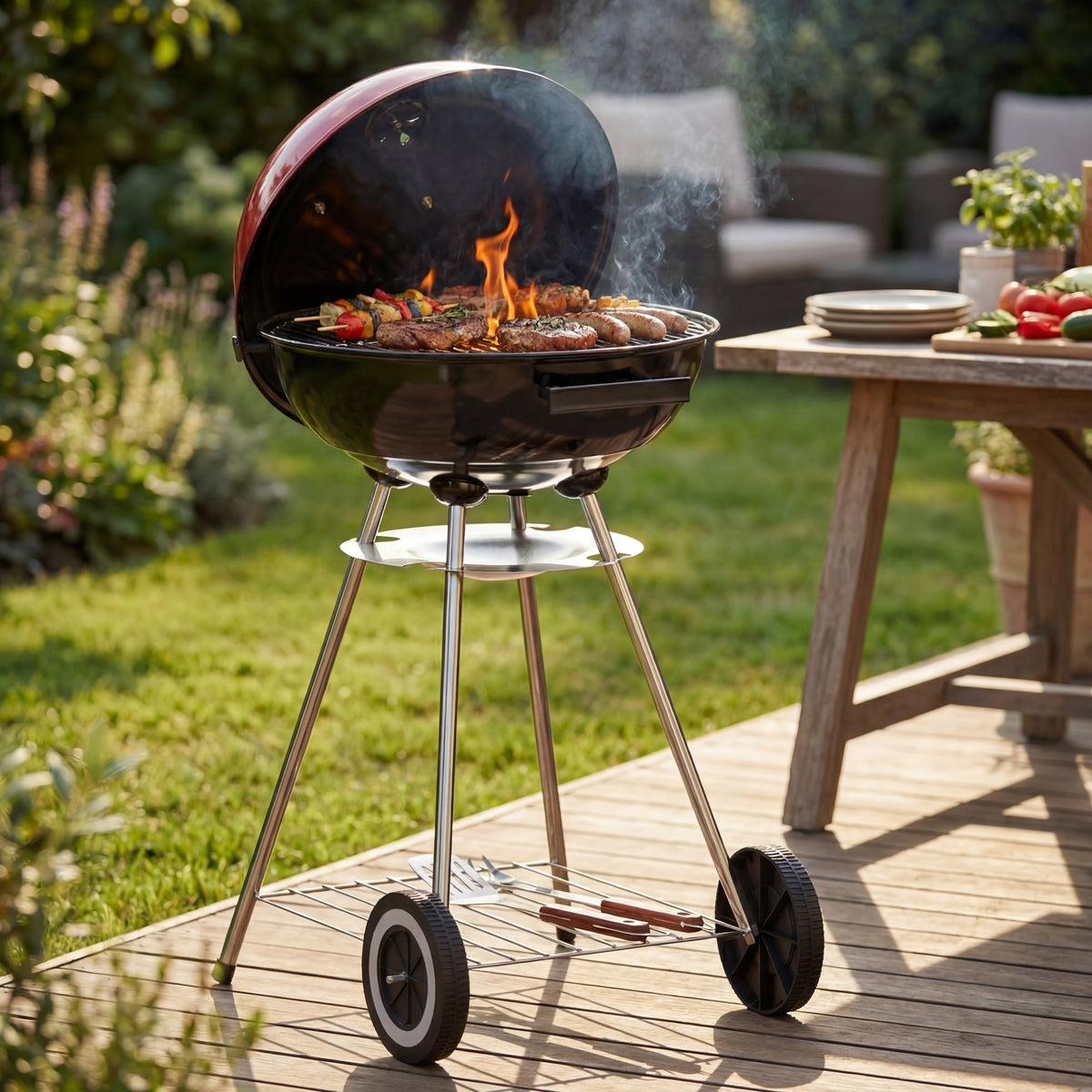 Memphis Freestanding Kettle Grill BBQ, Red & Black