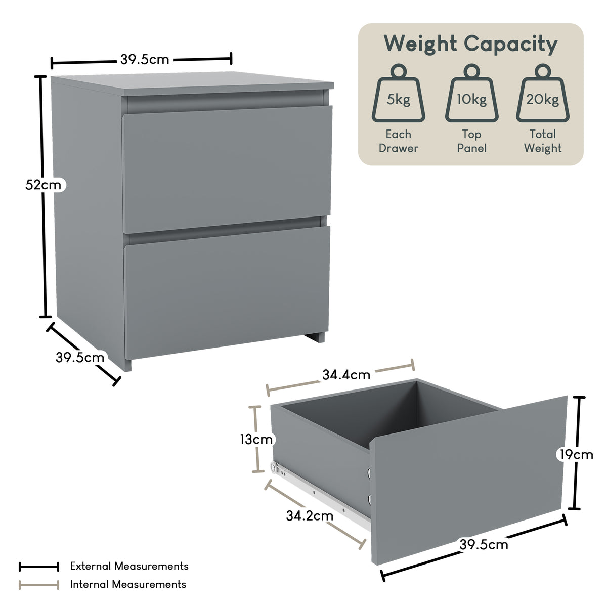Denver 2-Drawer Large Bedside Chest - Grey