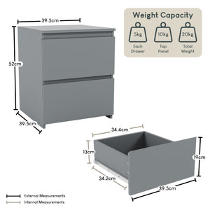 Denver 2-Drawer Large Bedside Chest - Grey