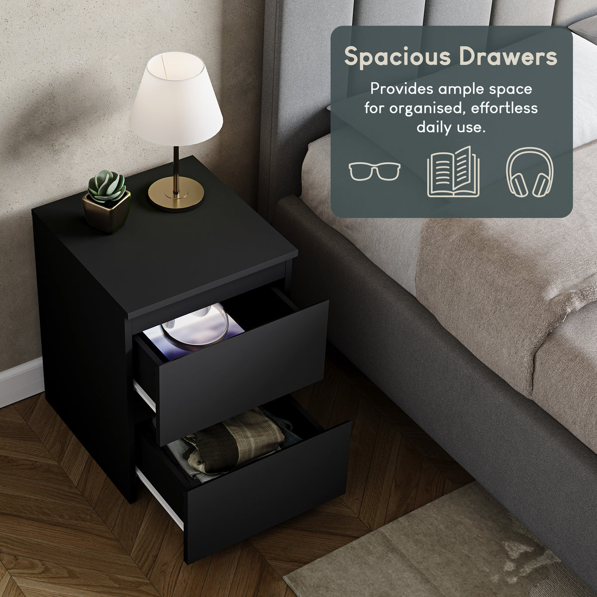 Denver 2-Drawer Large Bedside Chest - Black
