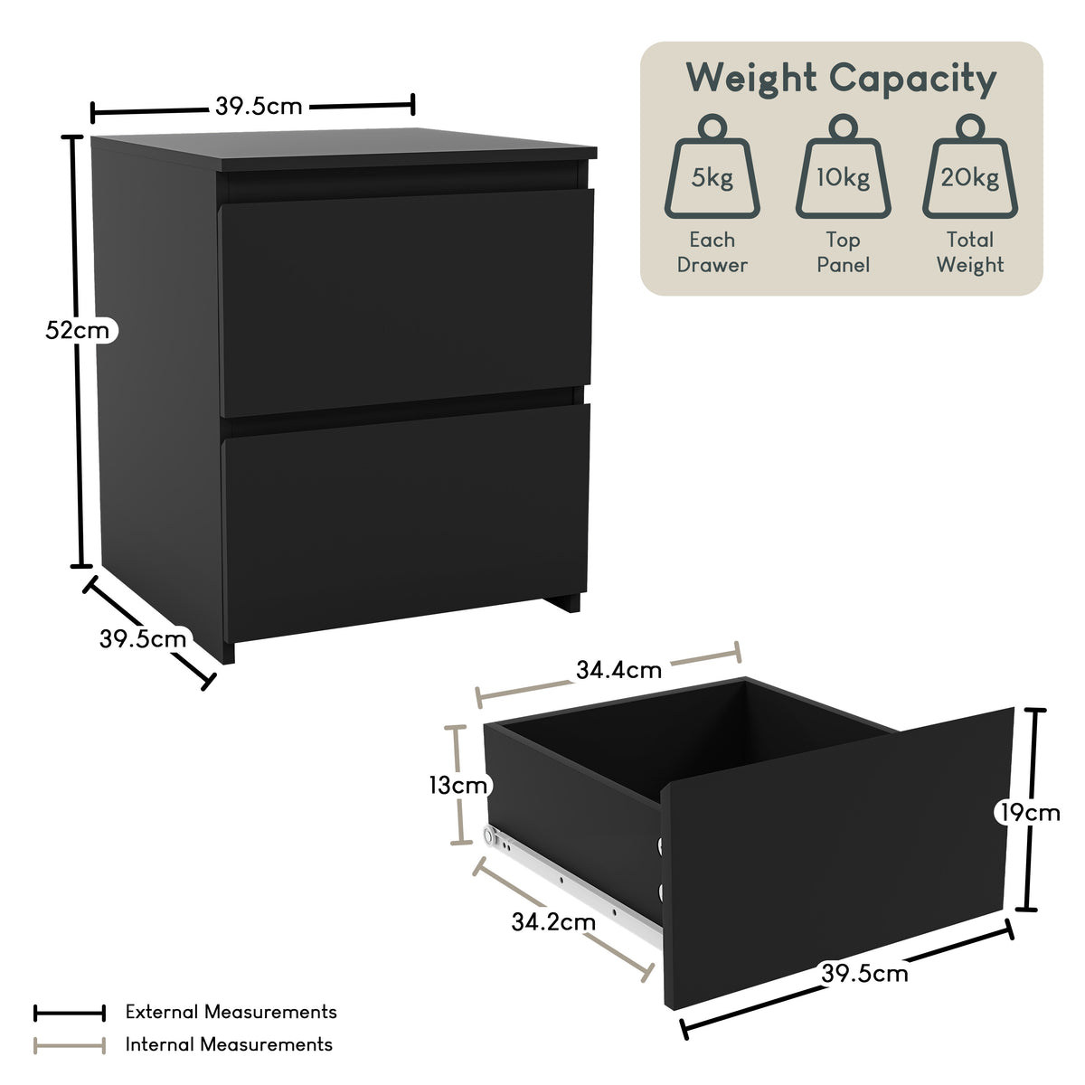 Denver 2-Drawer Large Bedside Chest - Black