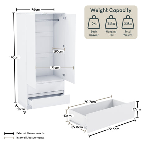 Denver 2 door 2 drawer wardrobe, White
