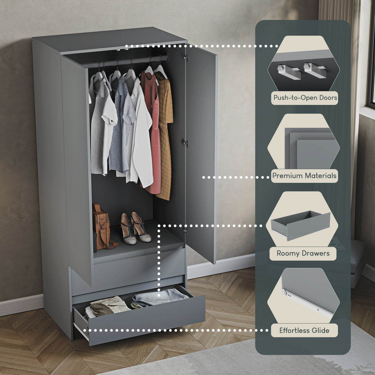 Denver 2 door 2 drawer wardrobe, Grey
