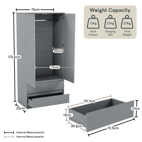 Denver 2 door 2 drawer wardrobe, Grey
