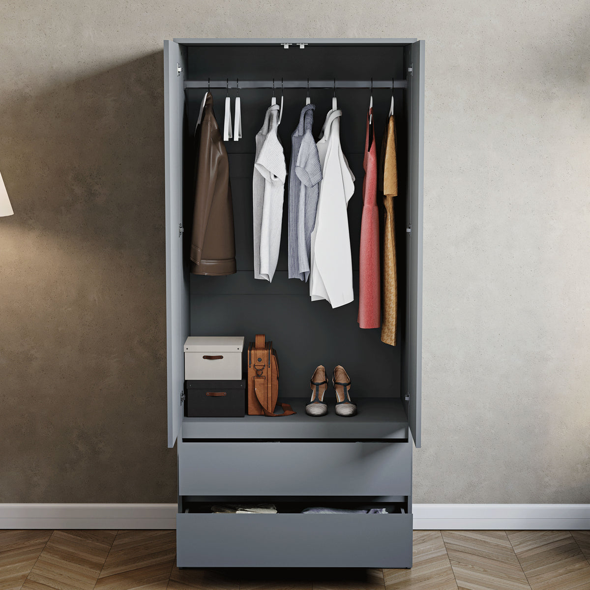 Denver 2 door 2 drawer wardrobe, Grey
