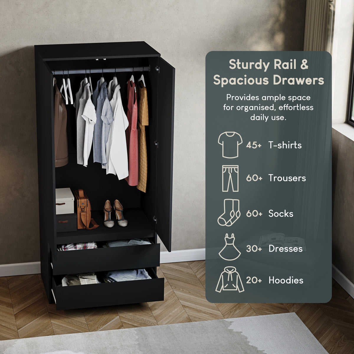 Denver 2 door 2 drawer wardrobe, Black
