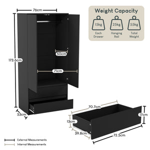 Denver 2 door 2 drawer wardrobe, Black
