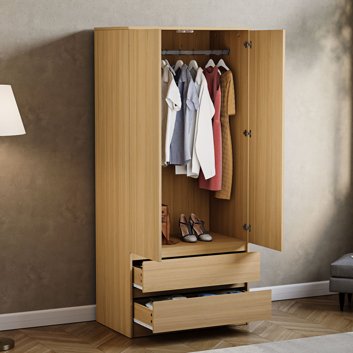 Denver 2-Door 2-Drawer Wardrobe, Pine