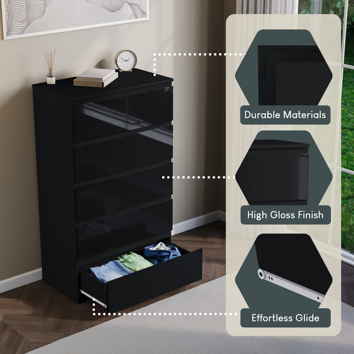 Glinton 5-Drawer Chest, Black (FSC 100%)