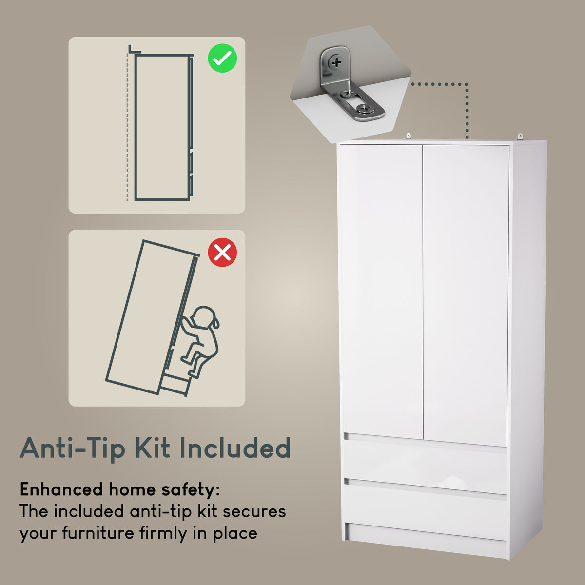 Glinton 2-Door 2-Drawer Wardrobe, White (FSC 100%)