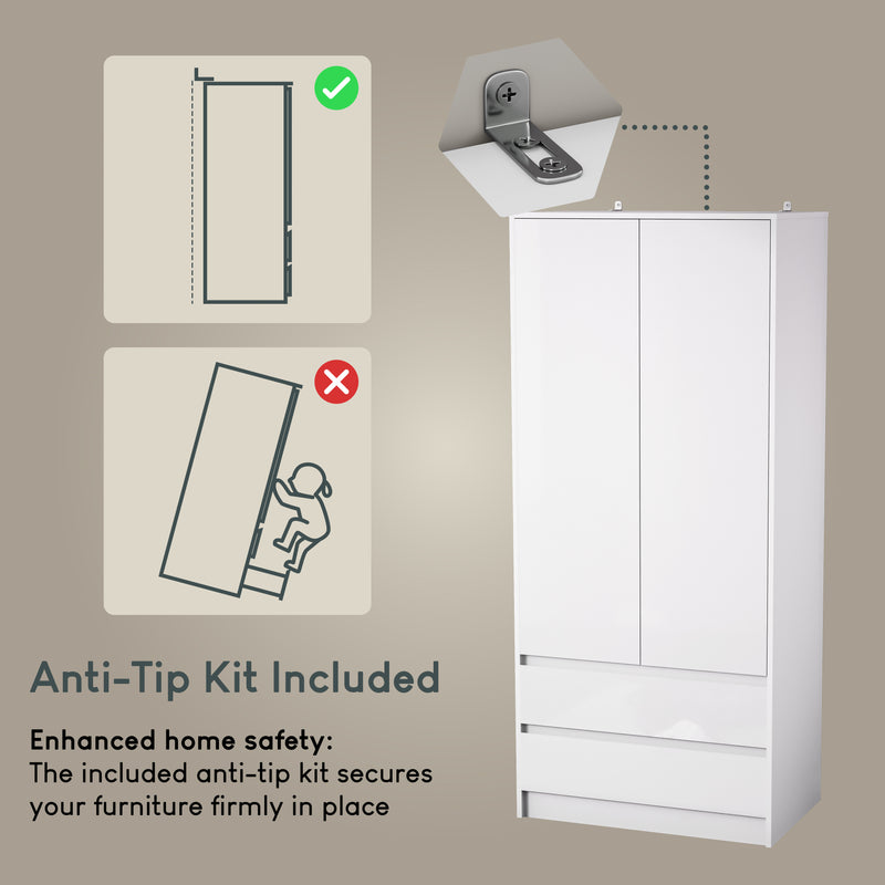 Glinton 2-Door 2-Drawer Wardrobe, White (FSC 100%)