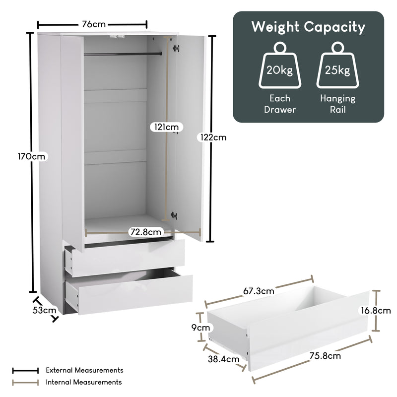 Glinton 2-Door 2-Drawer Wardrobe, White (FSC 100%)