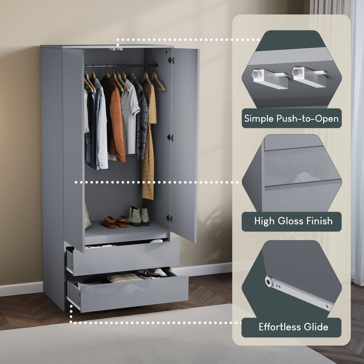 Glinton 2-Door 2-Drawer Wardrobe, Grey (FSC 100%)