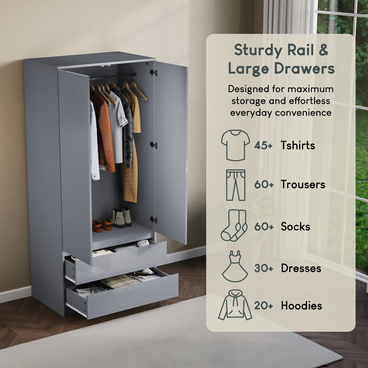 Glinton 2-Door 2-Drawer Wardrobe, Grey (FSC 100%)