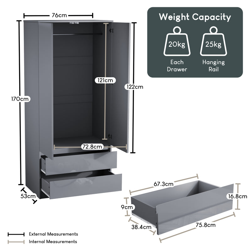 Glinton 2-Door 2-Drawer Wardrobe, Grey (FSC 100%)